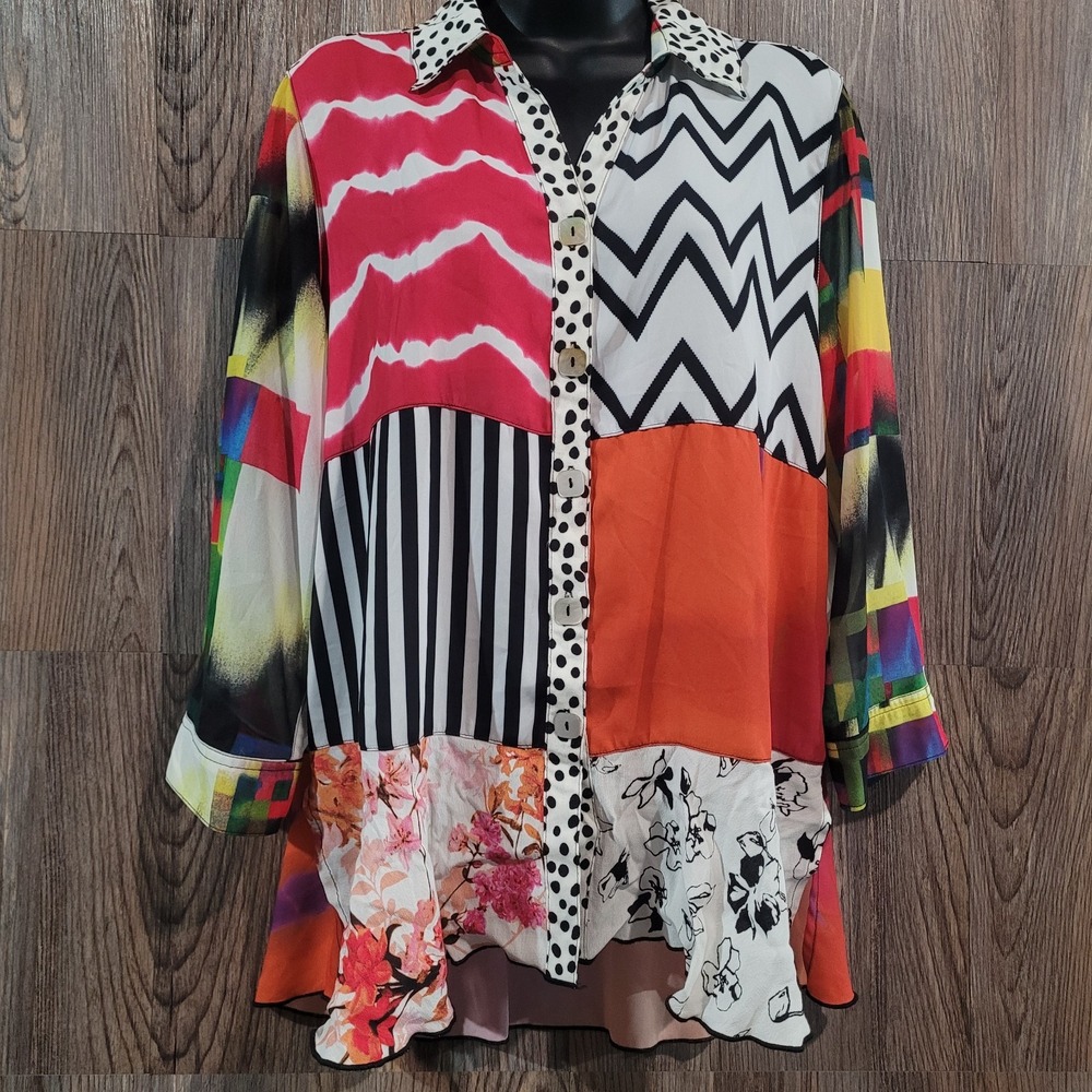 JOHN MARK Mixed Print Semi-Sheer Button Up Blouse Sz M Art to Wear Funky 3/4 Slv